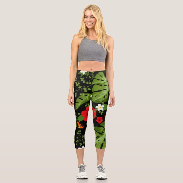 Leggings Capri Fondo de las flores tropicales 4 (Anverso)