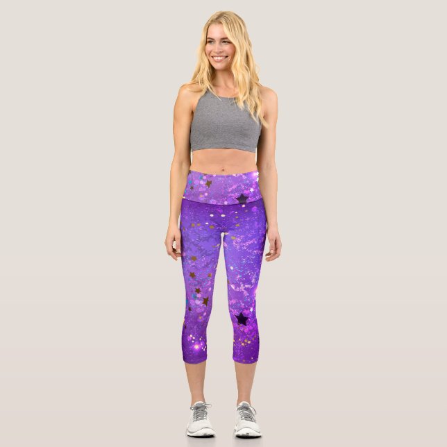 Leggings Capri Fondo de Relieve metalizado púrpura con estrellas (Anverso)
