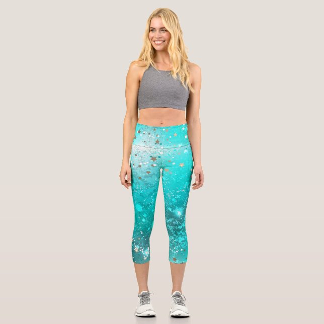 Leggings Capri Fondo de Relieve metalizado turquesa de mimbre (Anverso)