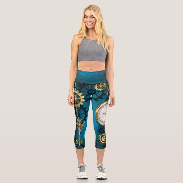 Leggings Capri Fondo turquesa de vapor con engranajes (Anverso)