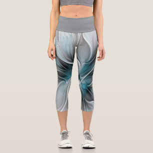 Leggings Capri Fractal floral moderno abstracto flor azul gris