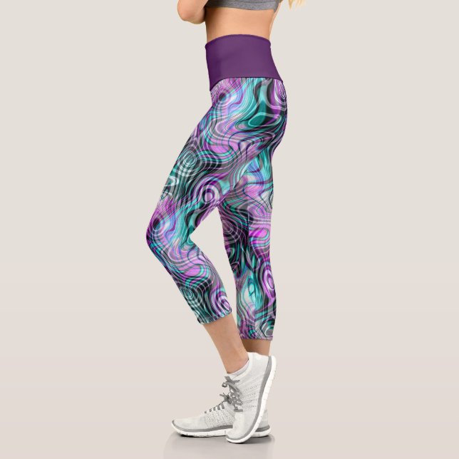 Leggings Capri Fracturas turquesas de Aqua morado rosado negro (Izquierda)