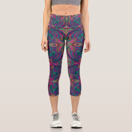 Leggings Capri Fresco Patrón Ondulado Verde, Naranja y Purpura
