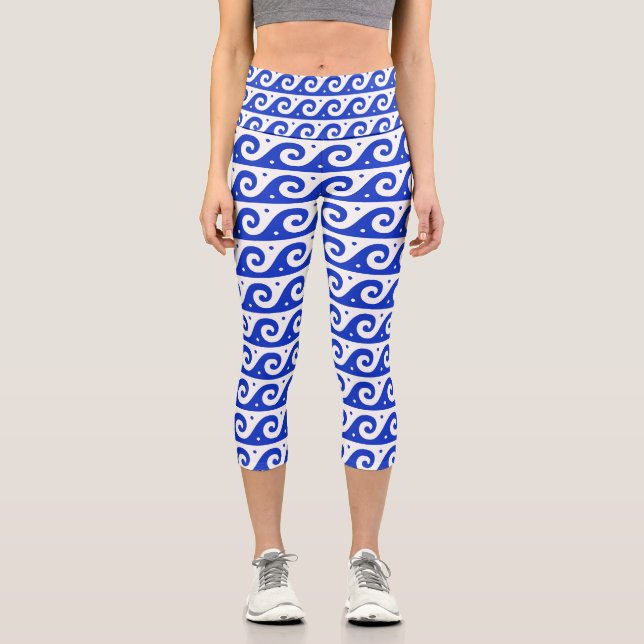 Leggings Capri Fret griego, patrón de onda mediterránea, azul (Anverso)