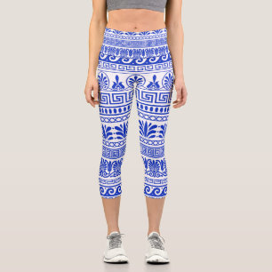 Leggings Capri Fret griego, patrón mediterráneo, azul
