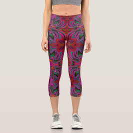 Leggings Capri Frio Patrón Ondulado Magenta, Rojo y Verde Trippy