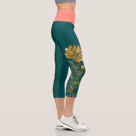 Leggings Capri Fronteras de zarcillos de poder floral retro 1