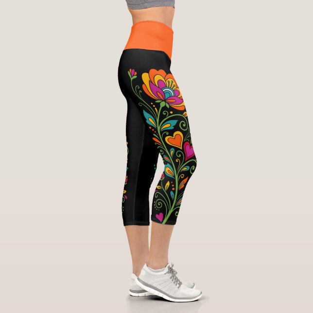 Leggings Capri Fronteras de zarcillos de poder floral retro 19 (Derecha)
