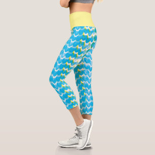 Leggings Capri Fun Blue and Sea Foam Green Resumen Patrón del cor