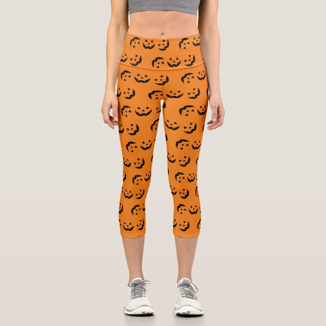 Leggings Capri Fun naranja negro jack o linterna patrón Halloween (Anverso)