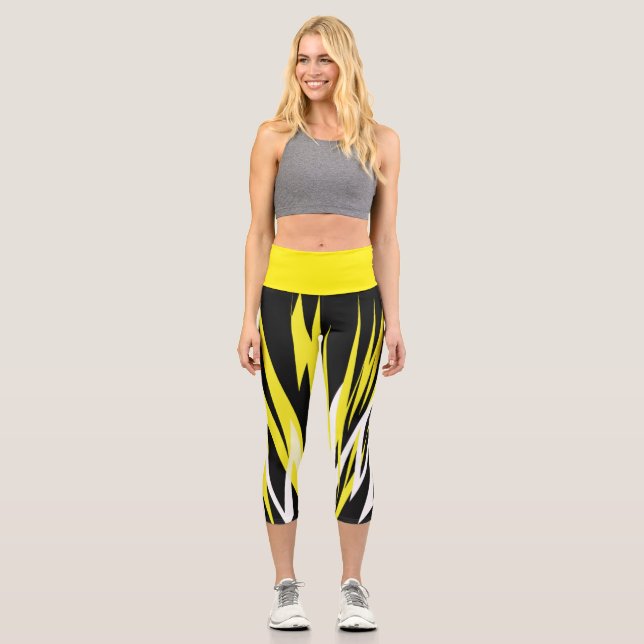 Leggings Capri Funky Bold Abstract Art Black Yellow White (Anverso)