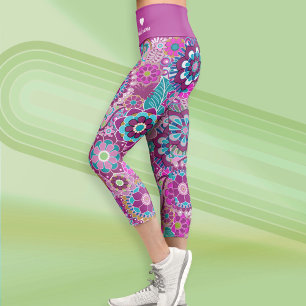 Leggings Capri Funky Retro Floral Patrón con Nombre - azul púrpur