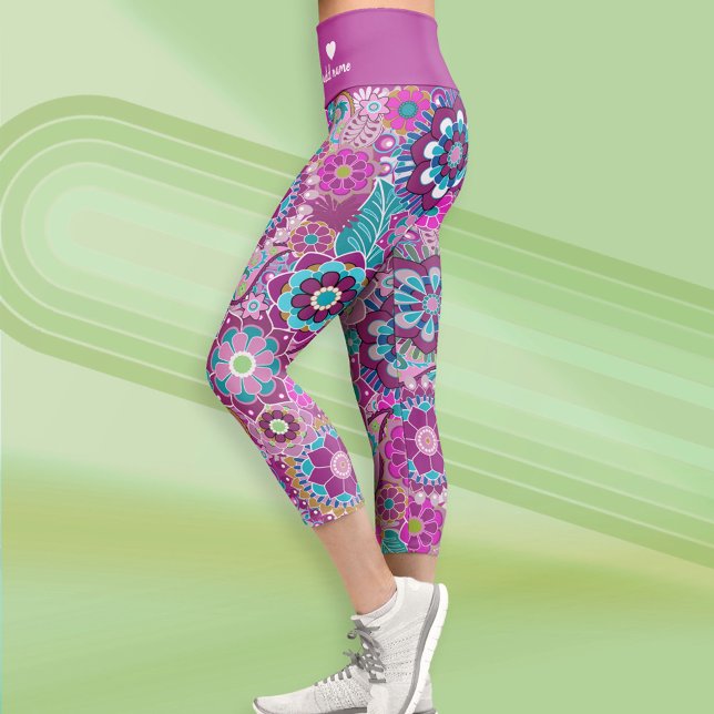 Leggings Capri Funky Retro Floral Patrón con Nombre - azul púrpur (Custom Leggings)