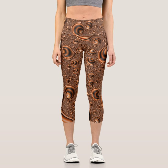Leggings Capri Funky Trippy Naranja en espiral negro arte fractal (Anverso)