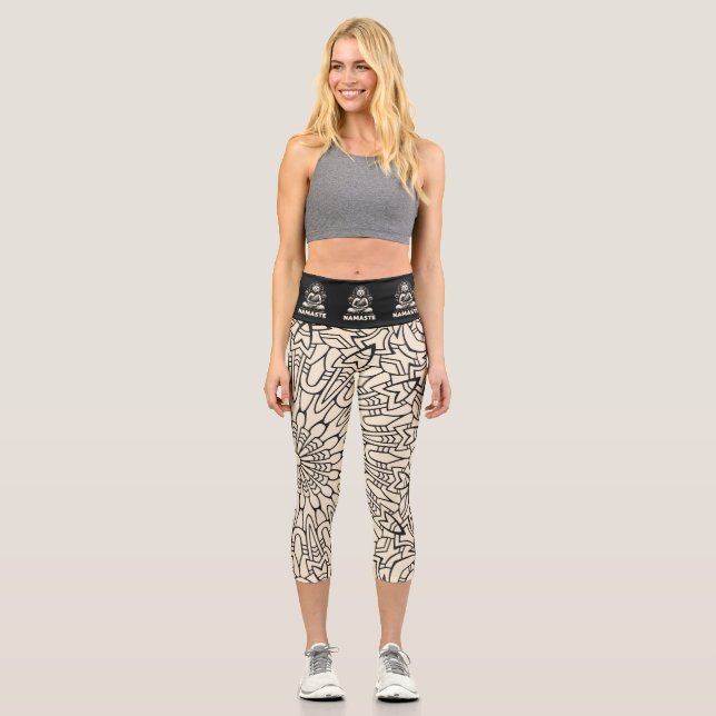 Leggings Capri Gato Buda de Yoga. Crema y negro (Anverso)