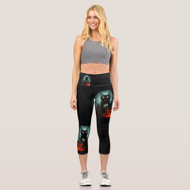 Leggings Capri Gato de vampiros y mago calabaza Halloween Surreal (Anverso)