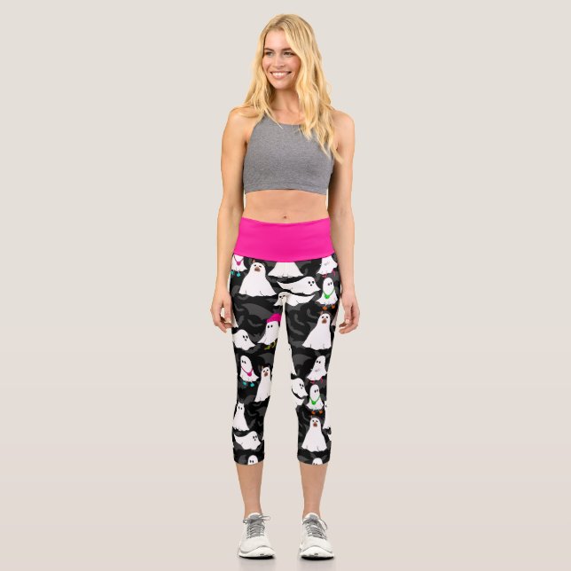 Leggings Capri gato fantasma de halloween negro (Anverso)