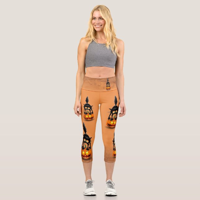 Leggings Capri Gato Personalizado asustado de Halloween en calaba (Anverso)