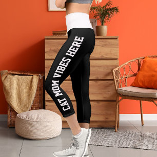 Leggings Capri Gato Personalizado Que Mamá Vibes En Rayas Blancas