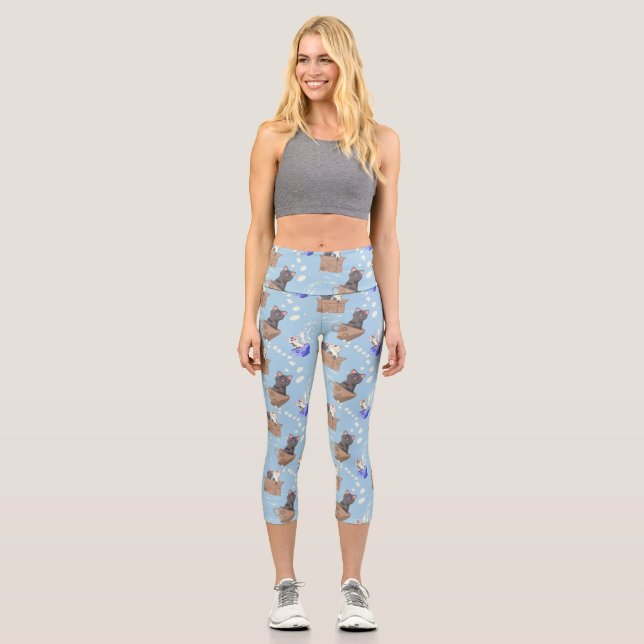 Leggings Capri Gatos en caja y gotas de leche en azul (Anverso)