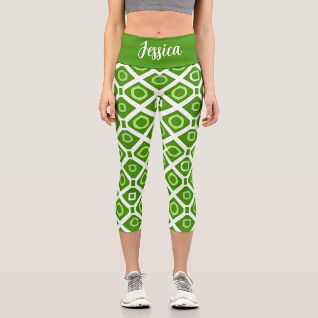 Leggings Capri Geometría Blanca Verde Fresca Capris De Alto Desga (Anverso)