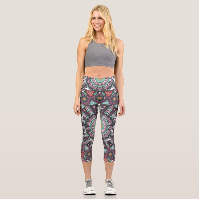Leggings Capri Geométrico azteca: patrón de círculo colorido (Anverso)