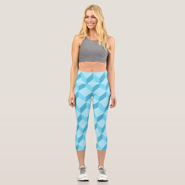 Leggings Capri Geométrico de Cubos Azules de Aqua 3D (Anverso)