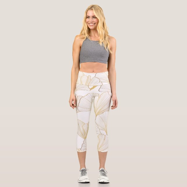 Leggings Capri Ginkgo Gold: Lujoso acuerdo de hojas (Anverso)