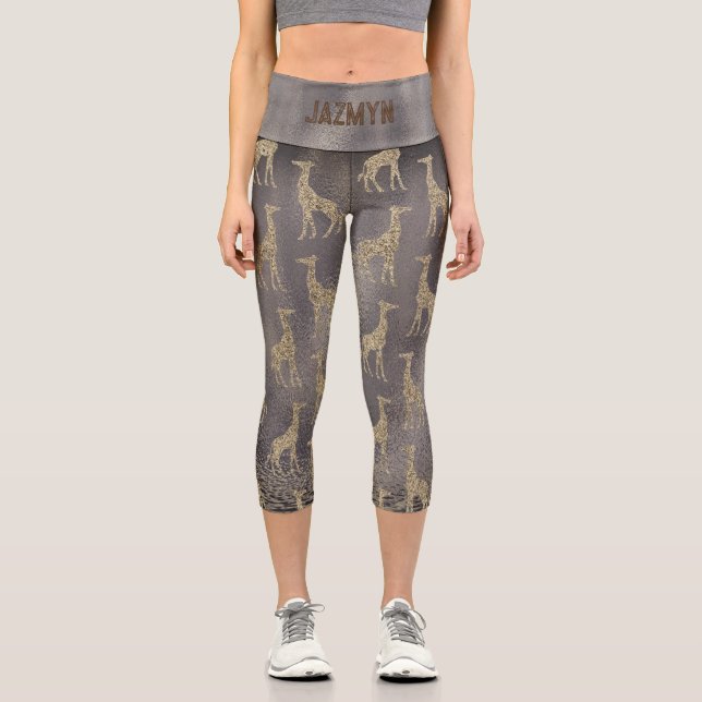 Leggings Capri Giraffe purpurina en Gris brillante personalizado (Anverso)
