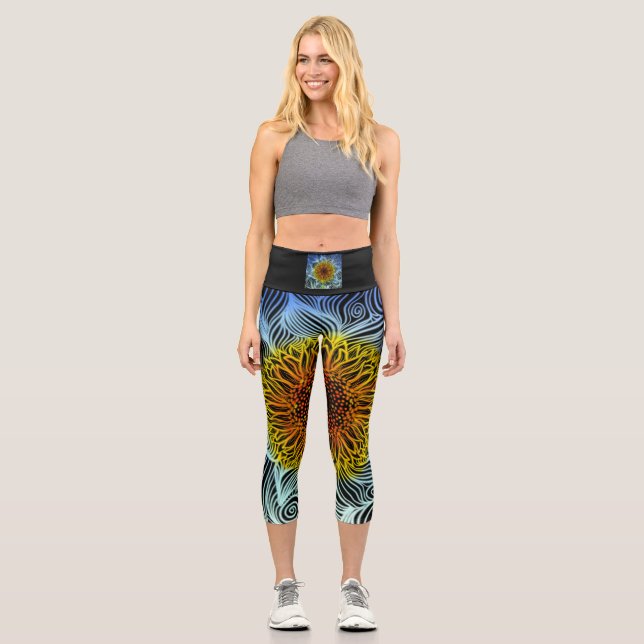 Leggings Capri Girasol de neón audaz moderno (Anverso)