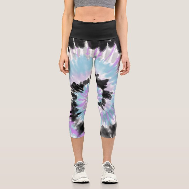 Leggings Capri Giro abstracto del tinte negro de lavanda azul (Anverso)