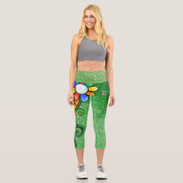 Leggings Capri Glam Purpurina Verde - Flor Retro, Sunshine, abeja