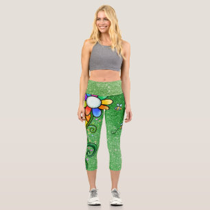 Leggings Capri Glam Purpurina Verde - Flor Retro, Sunshine, abeja