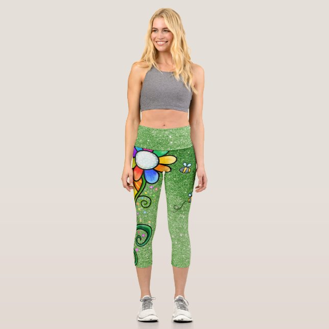 Leggings Capri Glam Purpurina Verde - Flor Retro, Sunshine, abeja (Anverso)