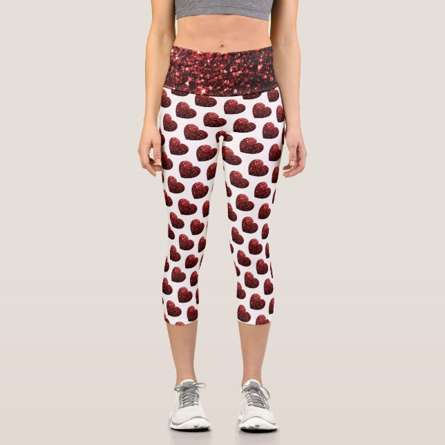 Leggings Capri Glamour Purpurina rojo destella patrón cardíaco (Anverso)