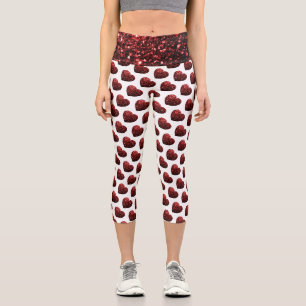 Leggings Capri Glamour Rojo Brillo destellos Patrón del corazón