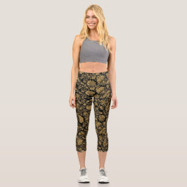 Leggings Capri Gold Baroque Floral Allover on Black