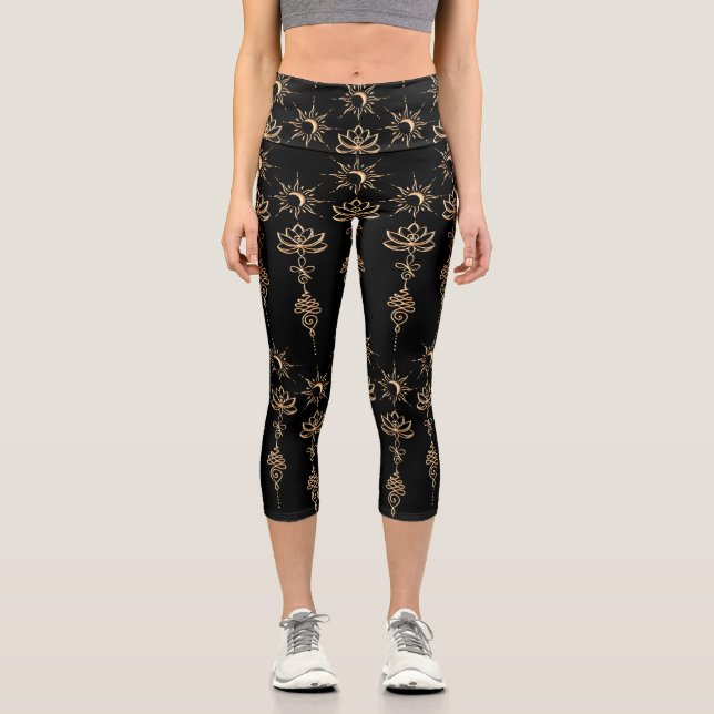 Leggings Capri Gold Unalome Group Scattered Black Background (Anverso)