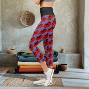 Leggings Capri Gótico Gato Negro Rosas Rojas Púrpura