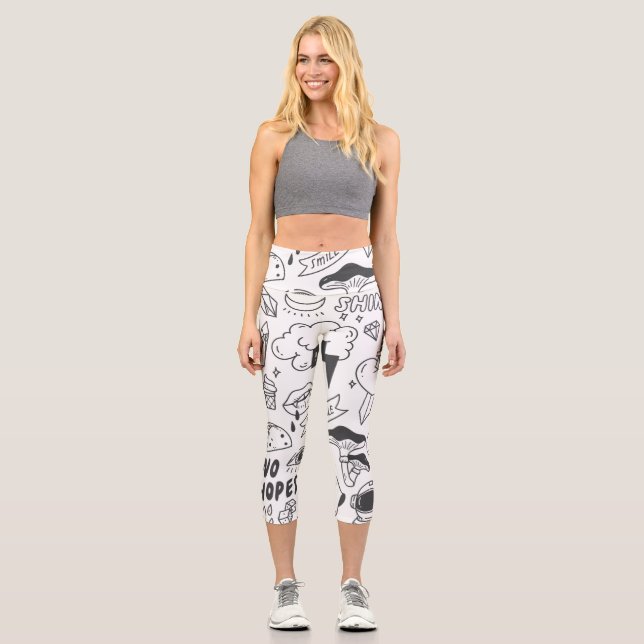 Leggings Capri Graffiti lindo: Conjunto de arte Doodle. (Anverso)
