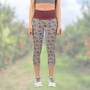 Leggings Capri Granadas Naranjas y Helechos Vintage Azul Polvorie