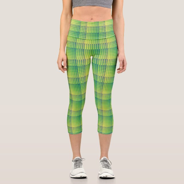 Leggings Capri Green Blue Checker Abstract Pattern (Anverso)