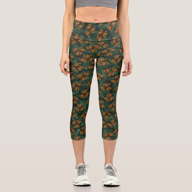 Leggings Capri Green Orange Stained Glass Monarch Wings Camo (Anverso)