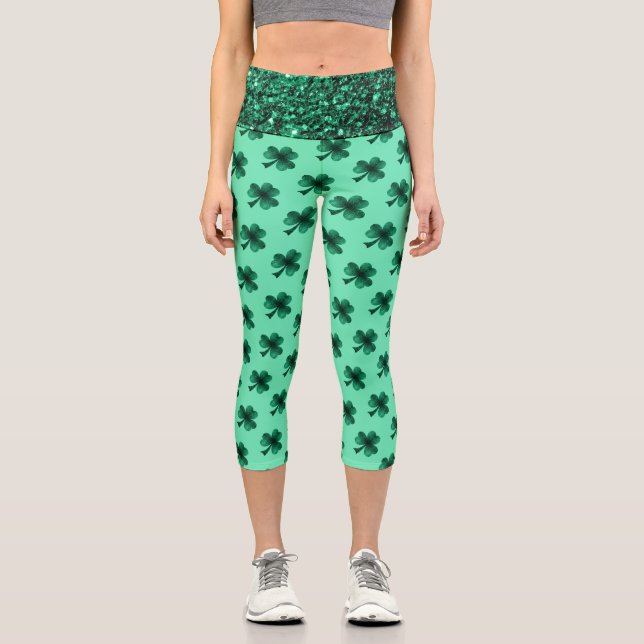 Leggings Capri Green Sparkles Shamrock St. Patrick (Anverso)