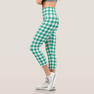 Leggings Capri Green White Checkered Gingham Plaid Pattern