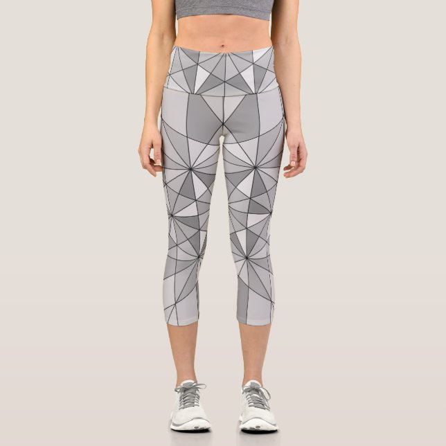 Leggings Capri Gris negro blanco Mosaico Triángulo Patrón retro (Anverso)