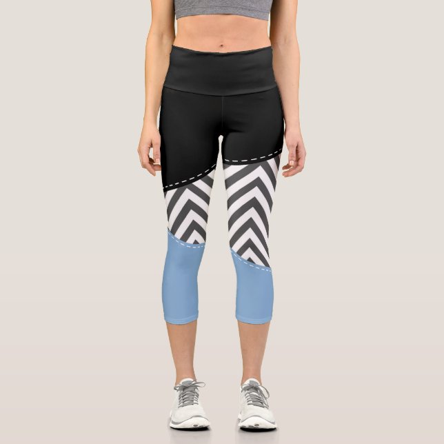 Leggings Capri Gris Zigzag, Gris Chevron, Zigzag Pattern, Azul (Anverso)