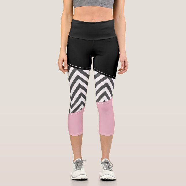 Leggings Capri Gris Zigzag, Gris Chevron, Zigzag Pattern, Rosa (Anverso)