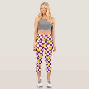 Leggings Capri groovía de comprobación de la cara púrpura feliz