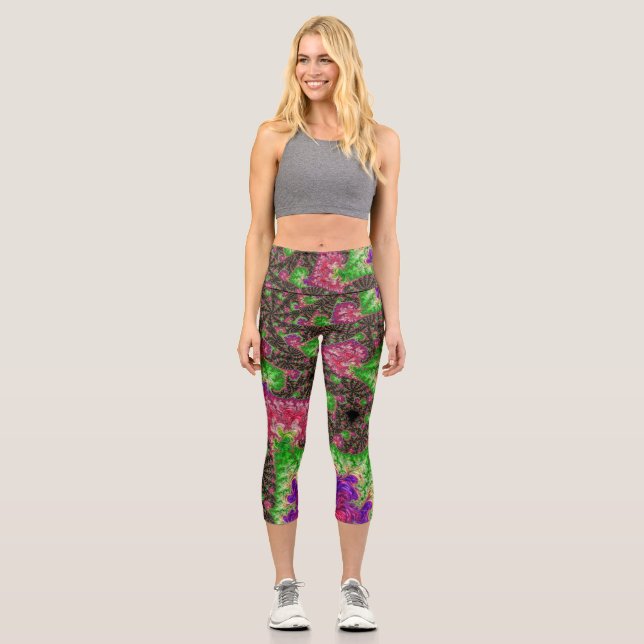 Leggings Capri Groovy Boho Hippie Funky Espiral arte fractal (Anverso)